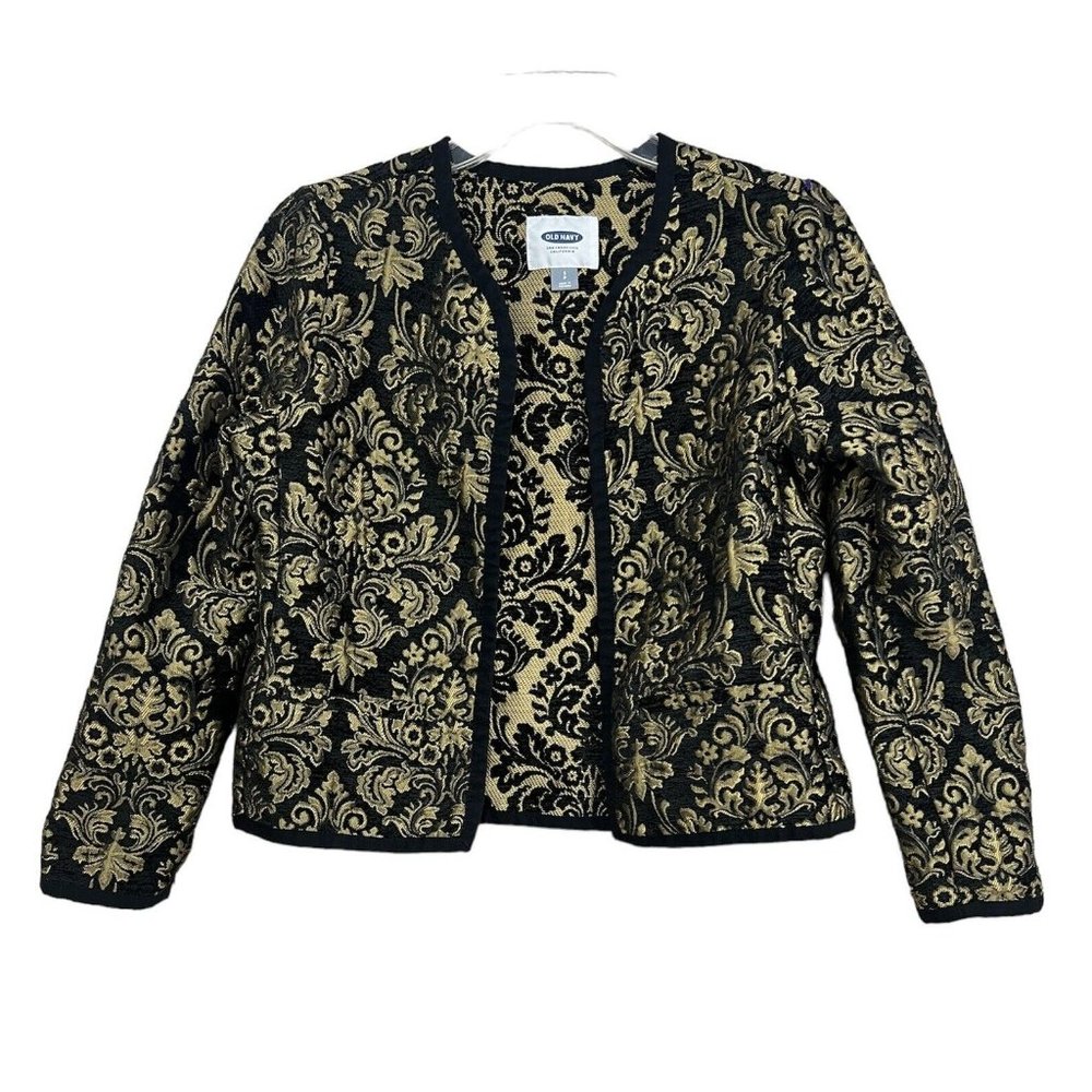 Women Brocade Jacket Sz S Black Gold Open‎ Front Formal Party Elegant Jacquard